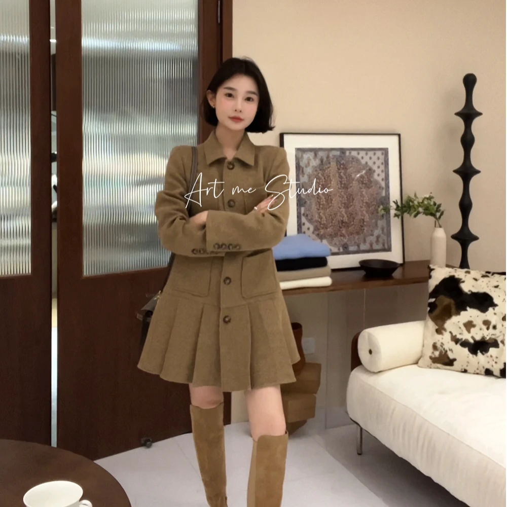 Artme瓜瓜呀【复古羊毛连衣裙百褶下摆气质两色】w1020w1