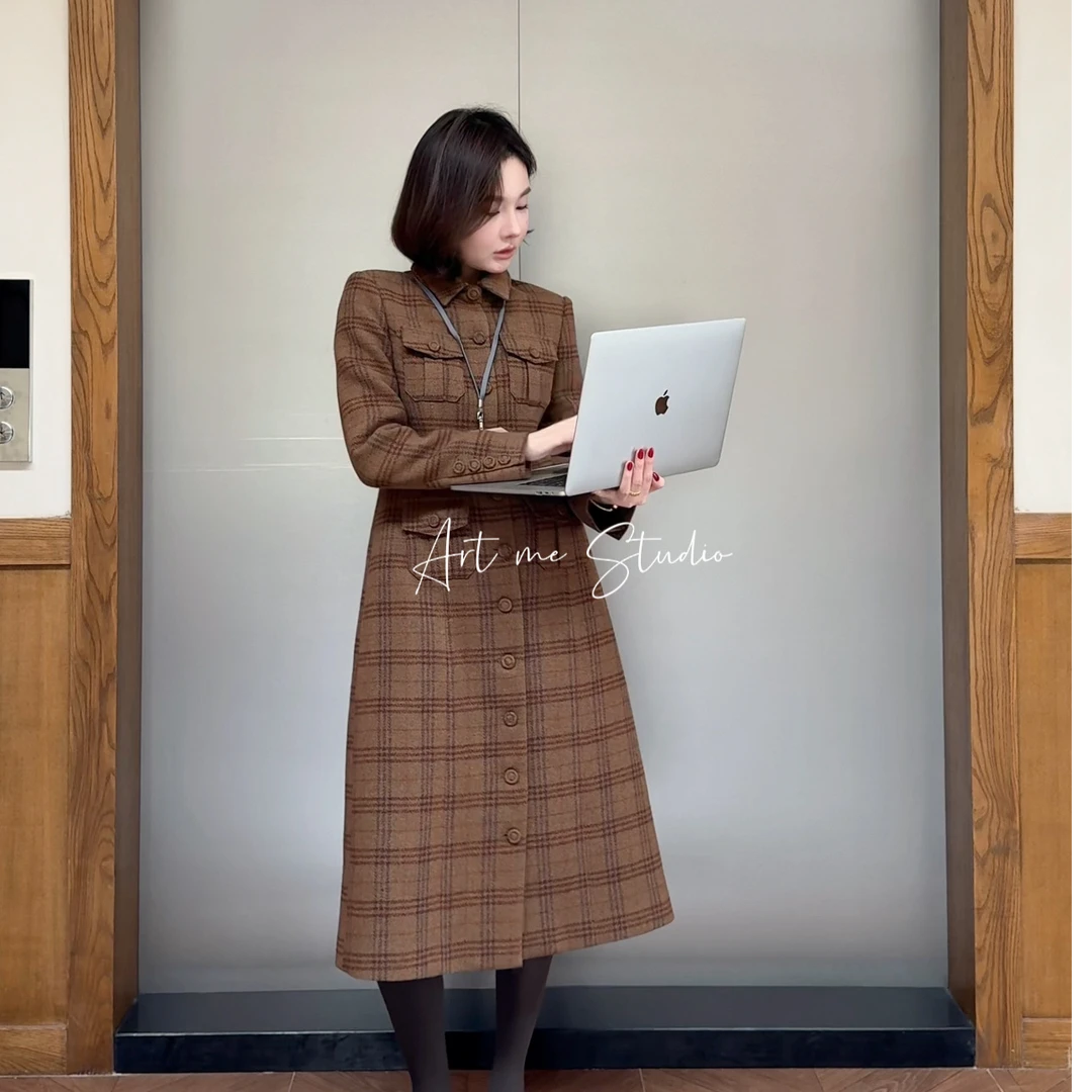 Artme瓜瓜呀【格纹法式两色羊毛长外套】格子收腰时尚气质w630q2