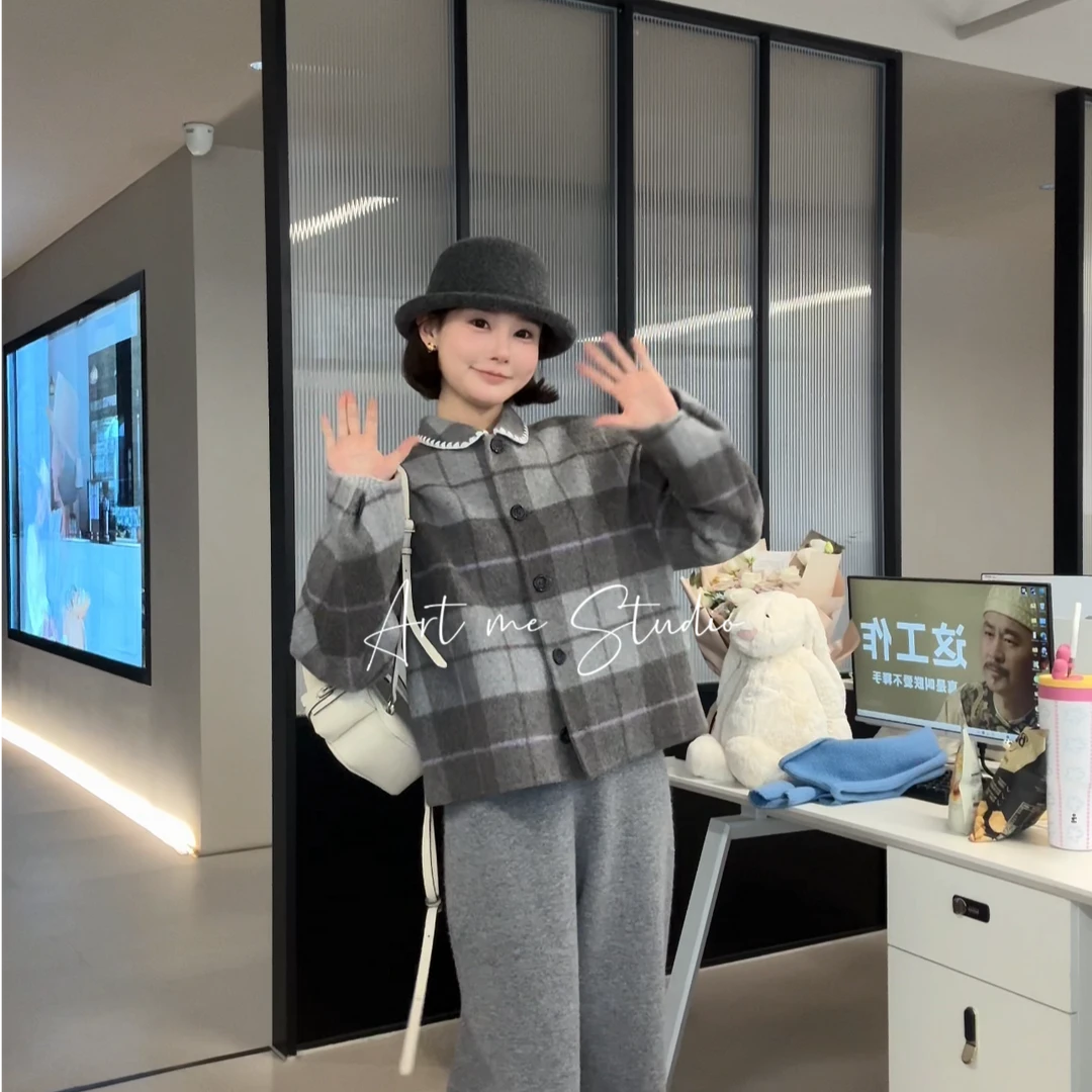 Artme瓜瓜呀【格林绵羊毛+洋陀毛短大衣外套】休闲毛呢格子w24090