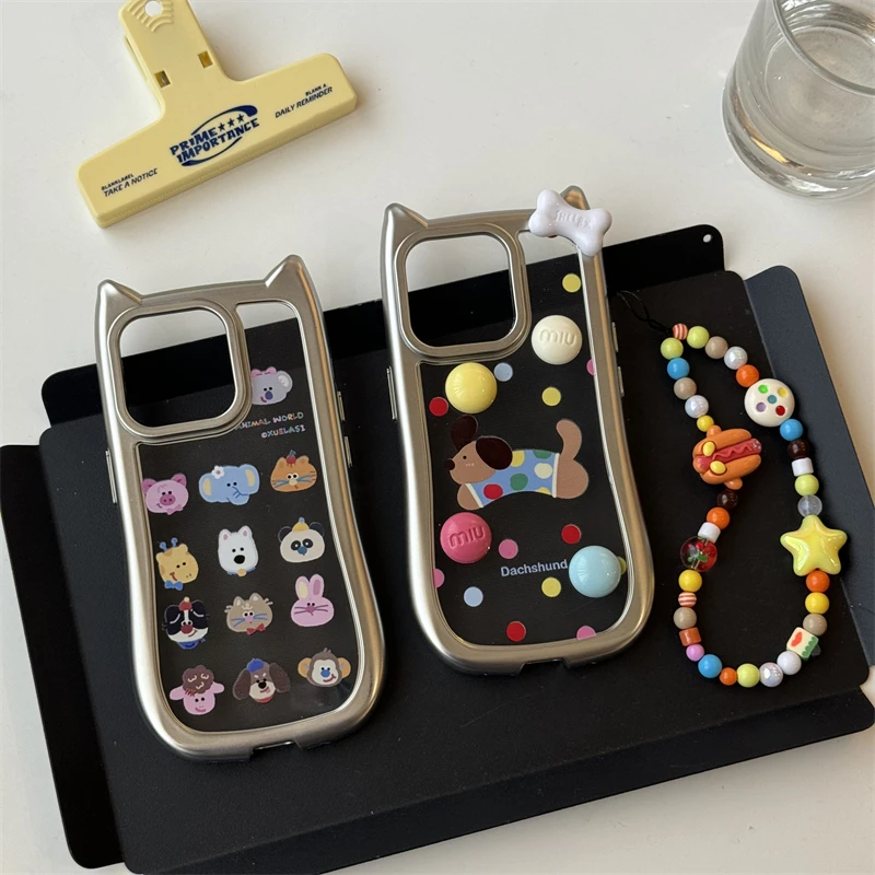 适用苹果系列iPhone15ins14pro银色猫耳朵狗狗13pro新款12手机壳