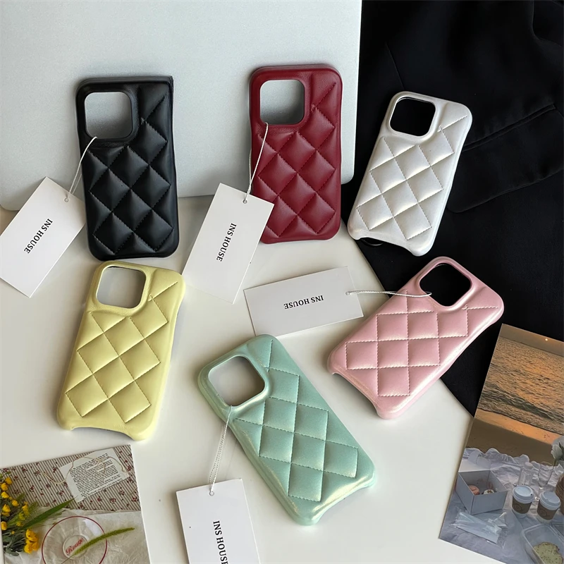 适用苹果系列iPhone14ins小香风13pro皮质格纹12pro新款11手机壳