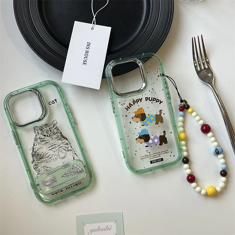 适用苹果系列iPhone15ins14pro绿框涂鸦猫咪小狗13pr新款12手机壳