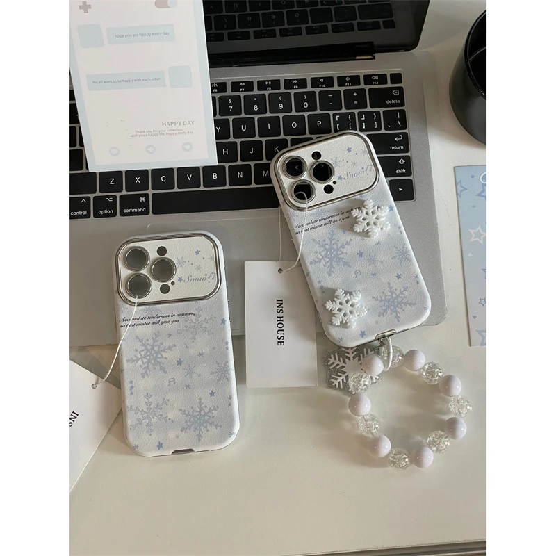 适用苹果系列iPhone15皮纹大视窗14p创意立体雪花13p防摔12手机壳