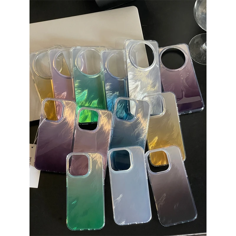 适用苹果系列iPhone15ins烫金14pro镭射渐变羽毛13p新款12手机壳