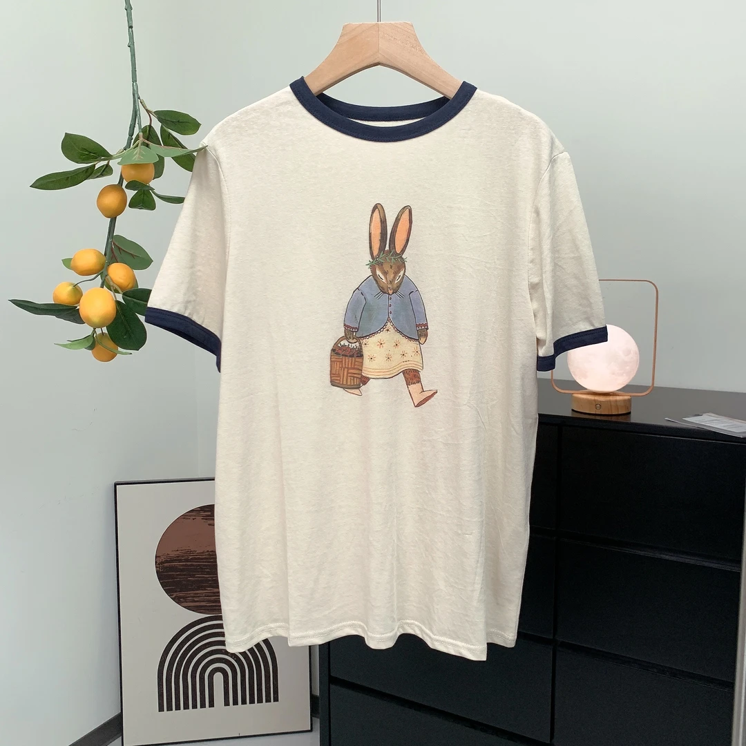 【领子拼色兔子】【超柔长款衣长67】  亚麻短袖T恤  休闲大版型水印