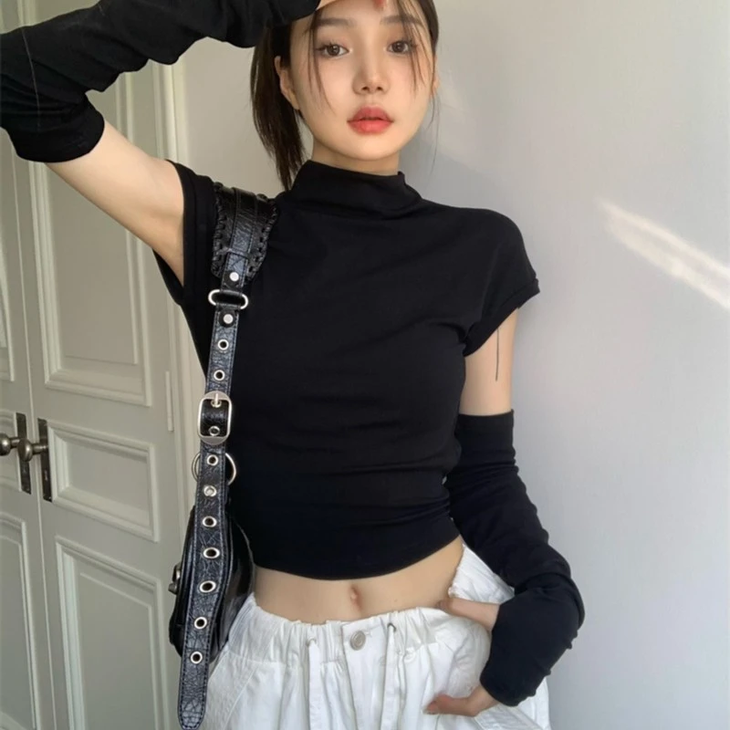 半高领辣妹露背春夏绑带收腰显瘦T恤甜酷性感袖套上衣百搭长袖