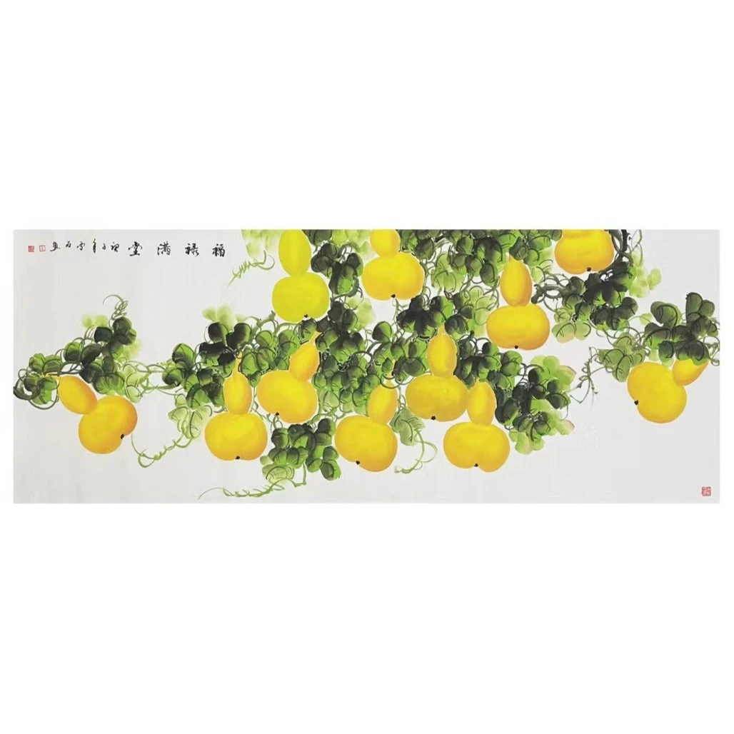 纯手绘 省美协会员 王雪石小六尺葫芦花鸟作品（180cm×70cm）