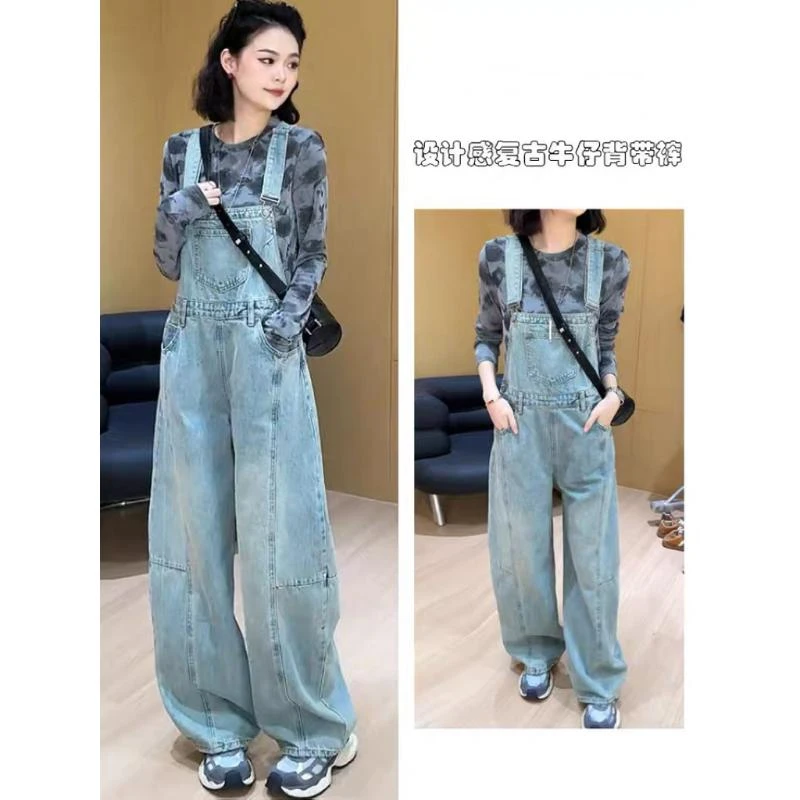 设计感复古牛仔背带裤女2024秋季新款高腰宽松显瘦减龄阔腿连体裤