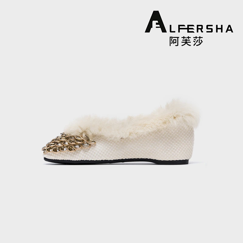 阿芙莎手工鞋21685新款百搭时尚孔雀公主毛毛平底乐福鞋