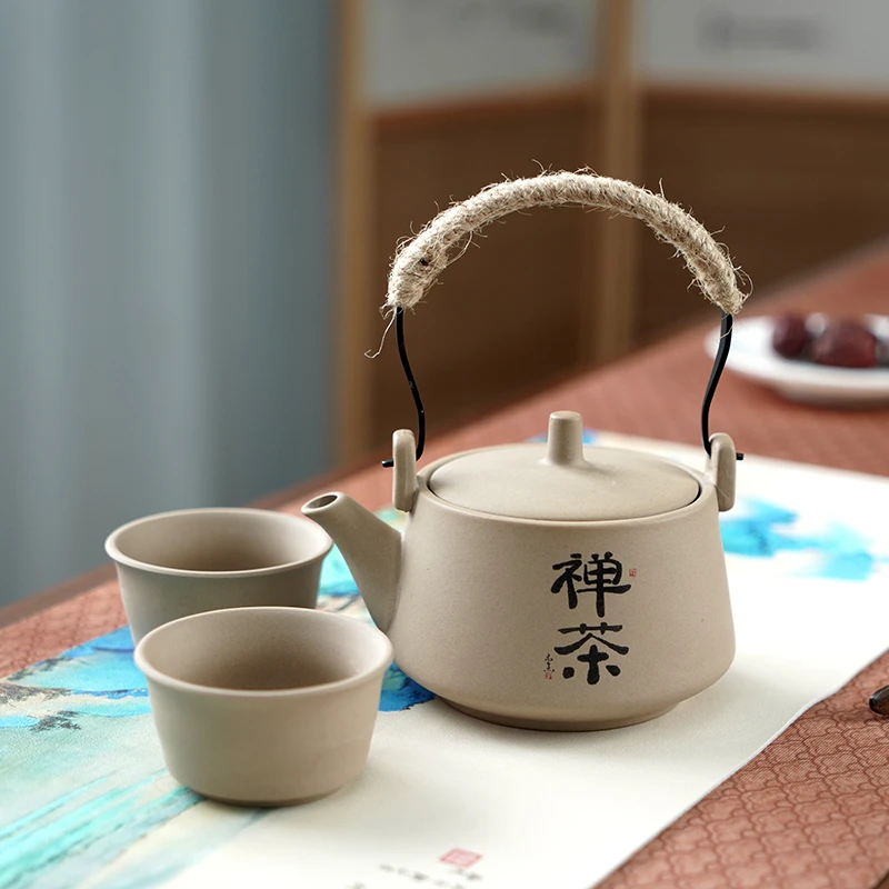 粗陶复古提梁壶一壶二杯茶具中式陶瓷家用简易茶具提梁壶茶具套组