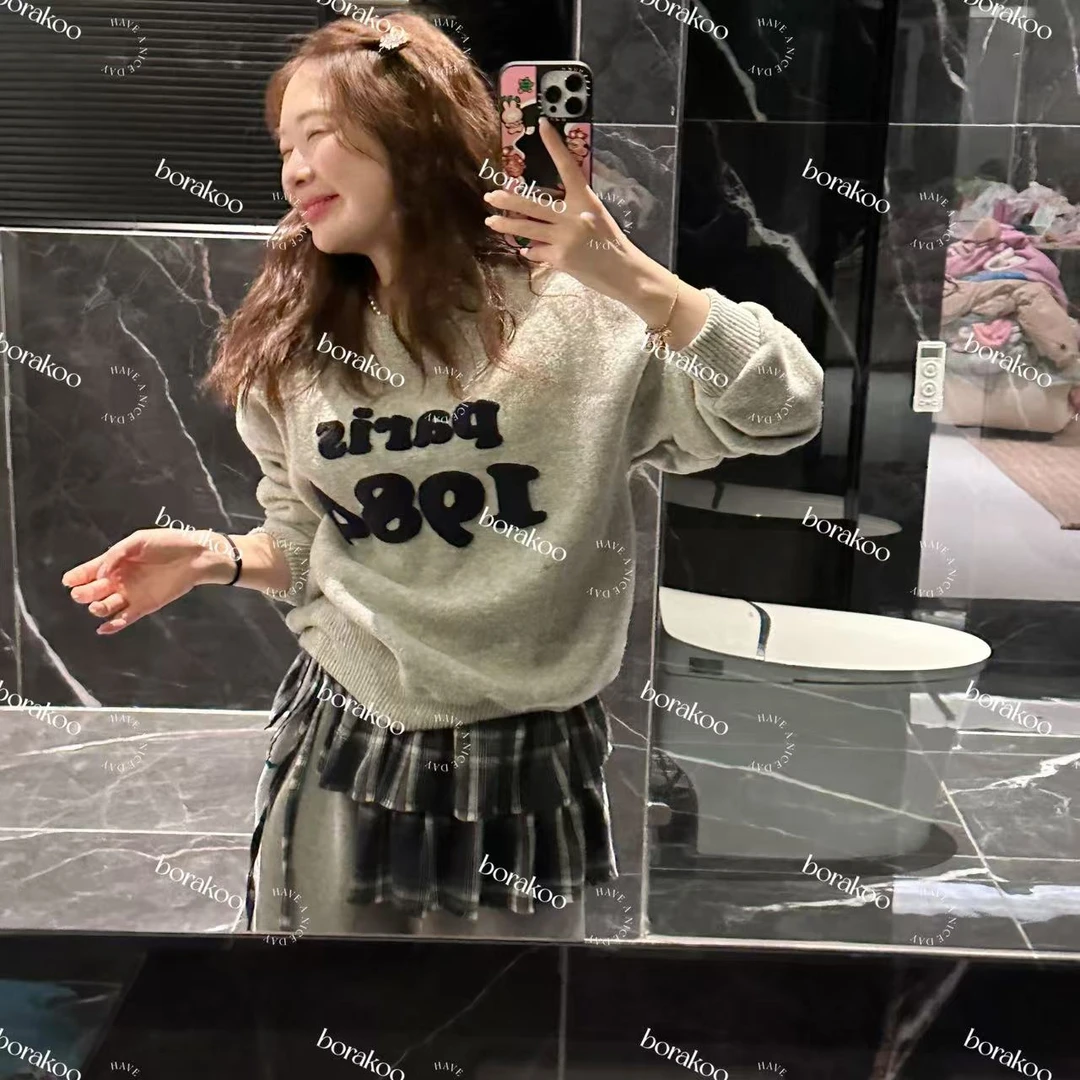 韩国【BORAKOO】东大门代购灰色植绒字母毛衣