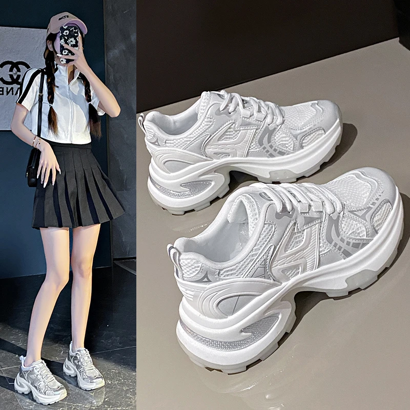 韩版太空银厚底老爹鞋女2024春夏新款小众网面透气增高休闲运动鞋