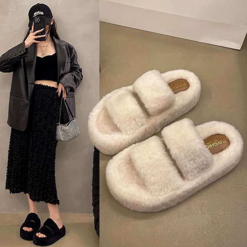 简约一字毛毛拖鞋女2024秋冬季款时尚棉拖厚底棉拖Z6003