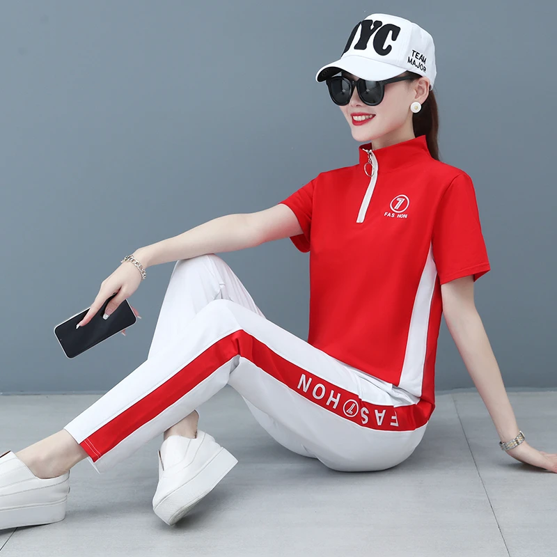 休闲运动服套装女夏中年妈妈跑步减肥运动服时尚广场舞团队两件套