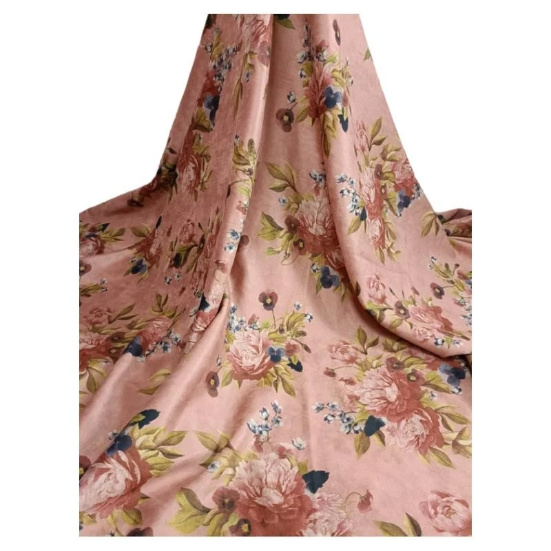 粉色花朵印花鹿皮绒秋冬保暖旗袍大衣服装手工面料