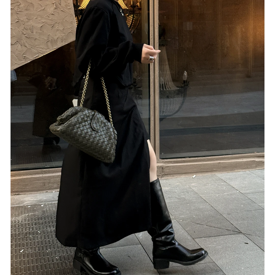 JISHE即奢高定质感手工编织羊皮手拿包链条单肩磁扣晚宴包AL7032