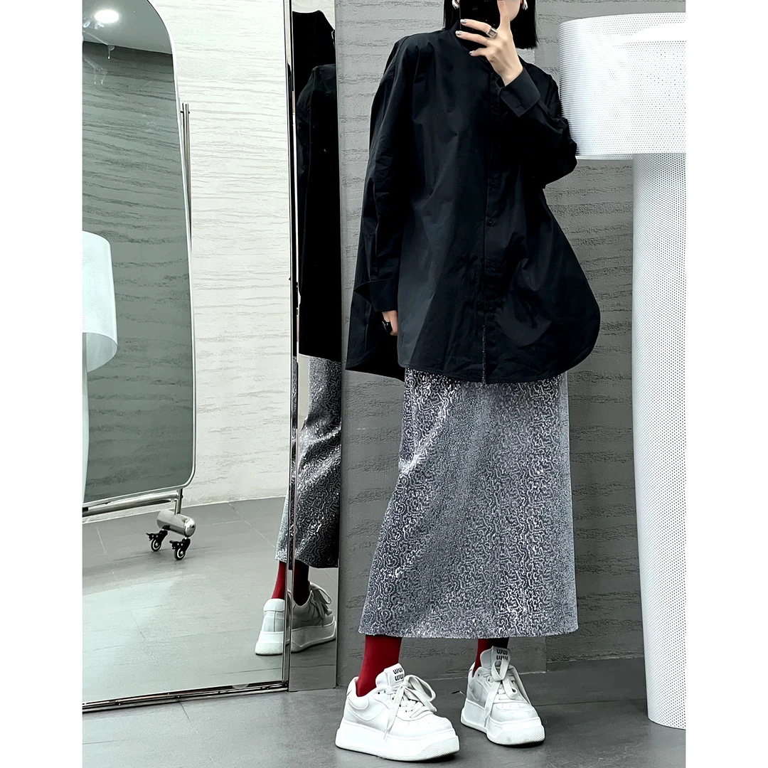 高级感盘扣立领百搭宽松弧形开叉长袖衬衫SYS01147