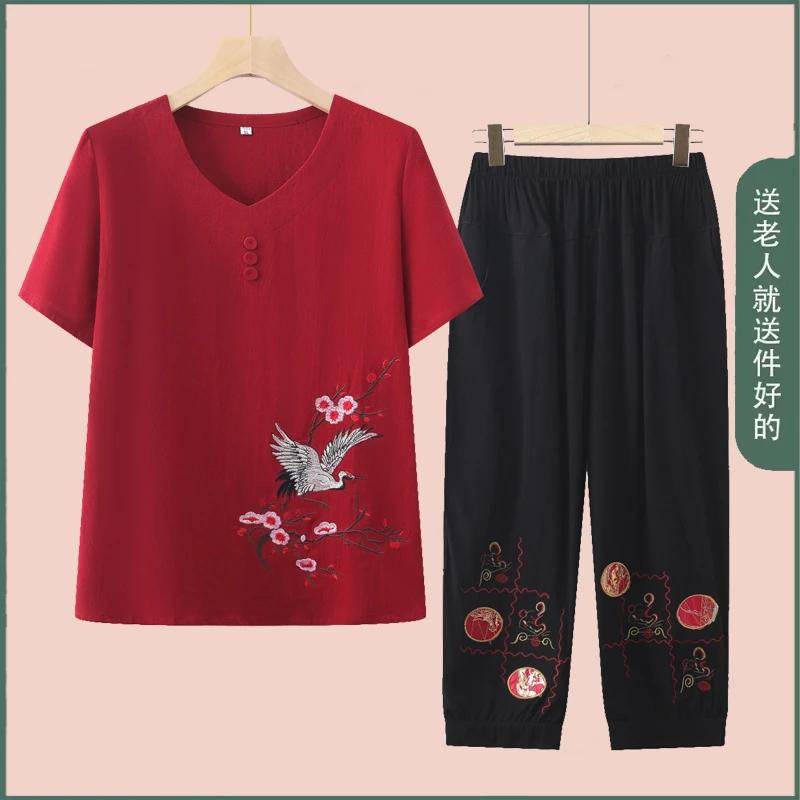 妈妈装夏季大码短袖套装奶奶装民族风T恤两件套老太太休闲七分裤