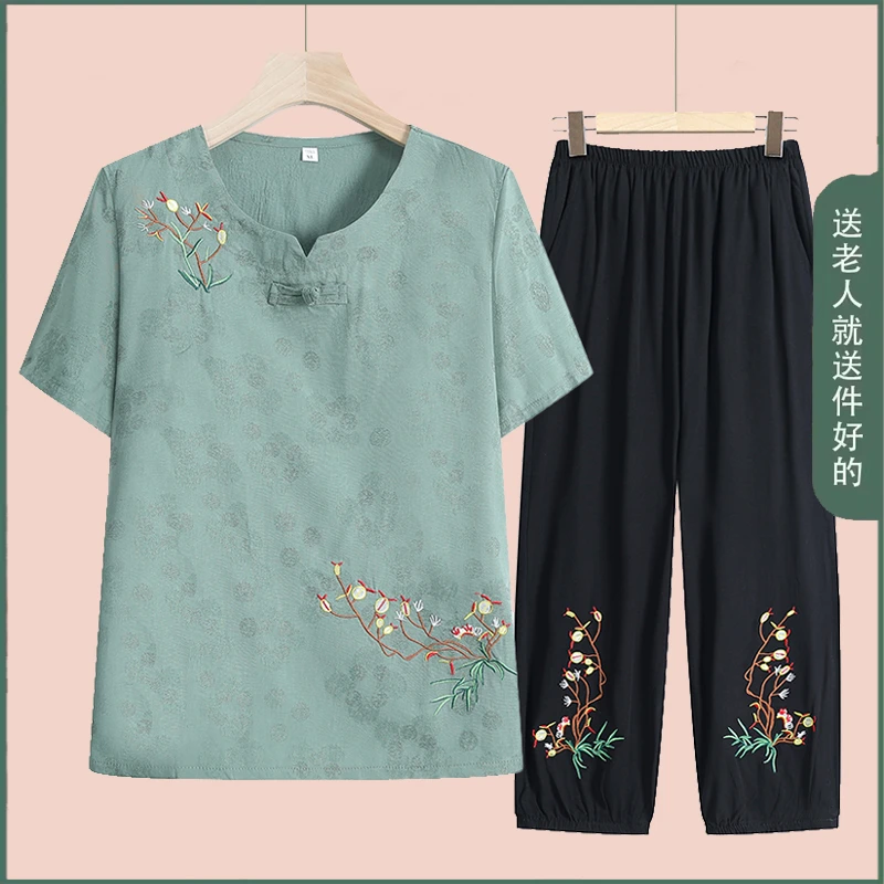 中老年人夏装短袖套装女奶奶装薄款夏季T恤两件套妈妈老太太衣服