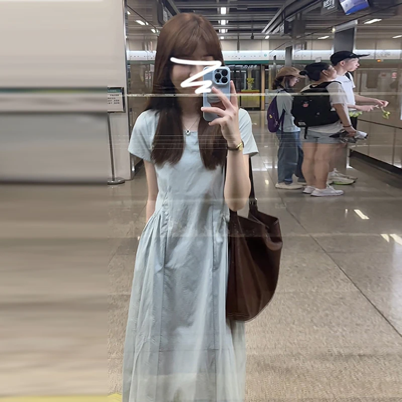 特价法式高级洋气蓝色连衣裙子女夏季收腰气质高级感女装长裙4171