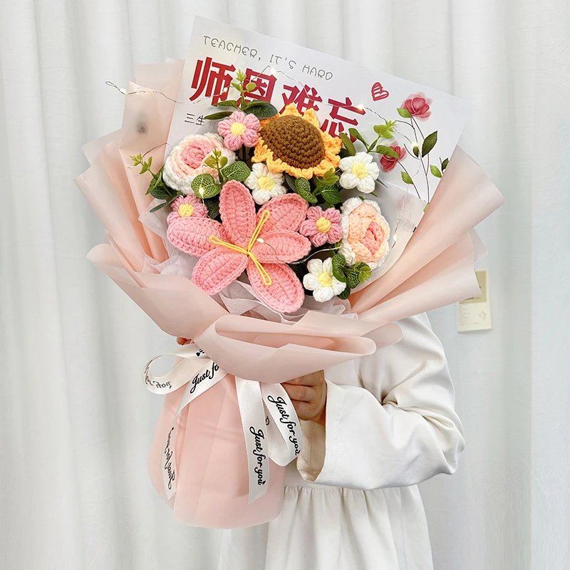 谢师宴礼物师恩难忘向日葵玫瑰花毛线大花束成品送班主任男女老师