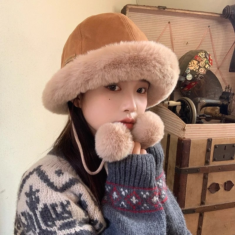 加厚毛绒保暖纯色渔夫帽女保暖大头围显脸小盆帽子