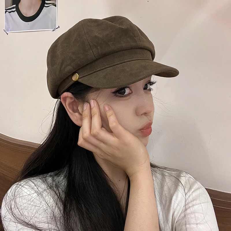 高级感春秋鸭舌帽女日系咖色休闲复古画家贝雷帽显脸小云朵八角帽