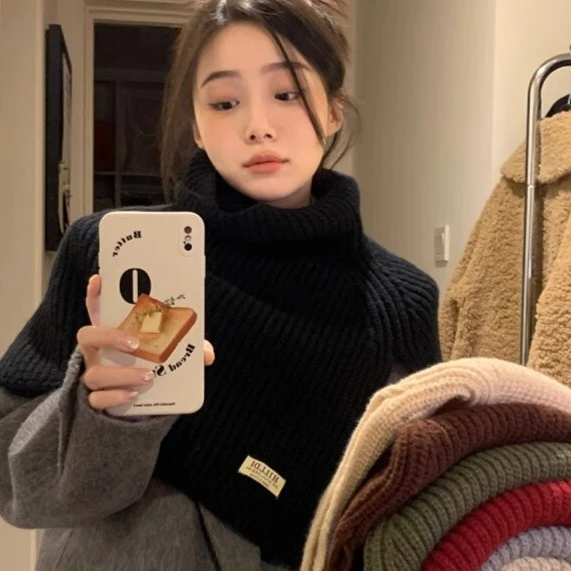 时尚开叉高领披肩女秋冬季黑色套头脖套针织围巾防寒保暖外搭围脖