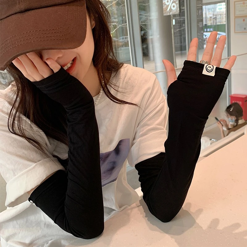 莫代尔手膜笑脸冰袖夏季防晒袖套护臂长手套女纯色开车袖套长款秋