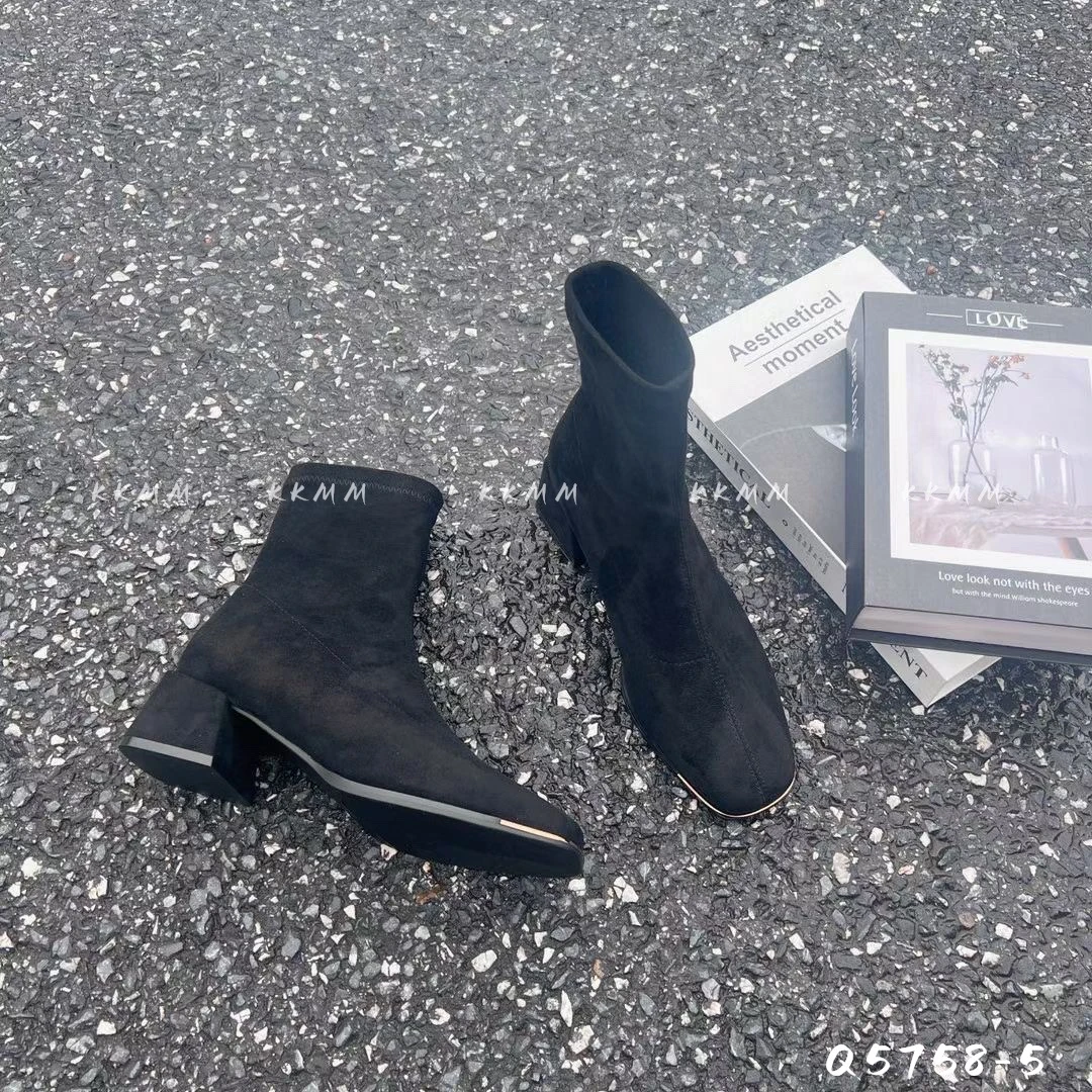 高跟瘦瘦靴气质时尚百搭黑色细跟加绒尖弹力靴头5758-5