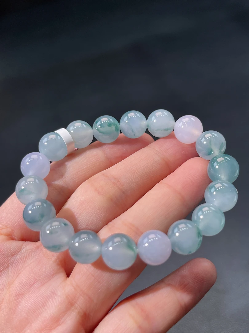 天然缅甸A货翡翠冰飘花圆珠手串时尚珠宝9.6mm