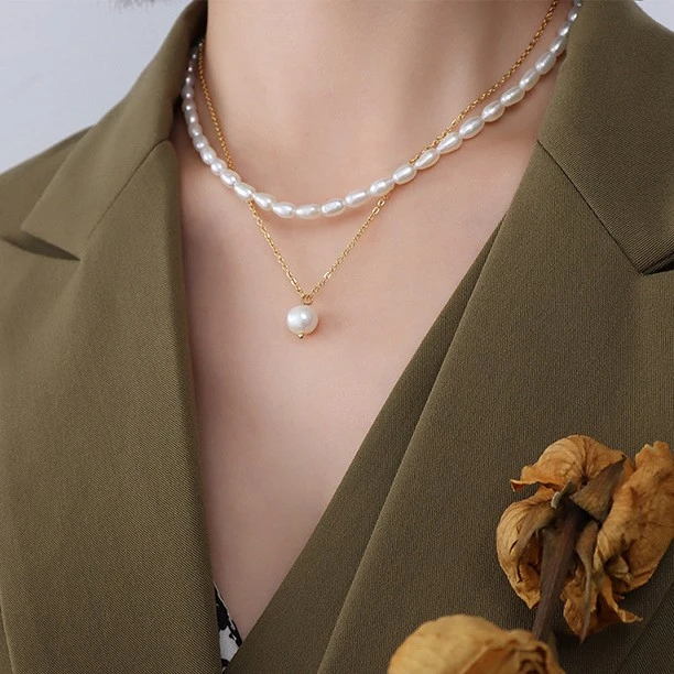 钛钢仿珍珠项链 X5077轻奢简约时尚叠带双层项链