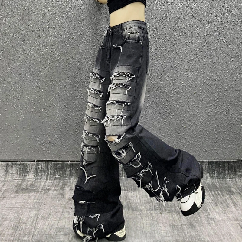 破洞阔腿牛仔裤女2024夏季新款个性高腰宽松显瘦百搭直筒拖地裤子