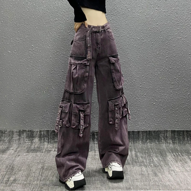 多口袋帅气高腰工装休闲牛仔裤女秋新款洋气百搭直筒阔腿拖地裤子