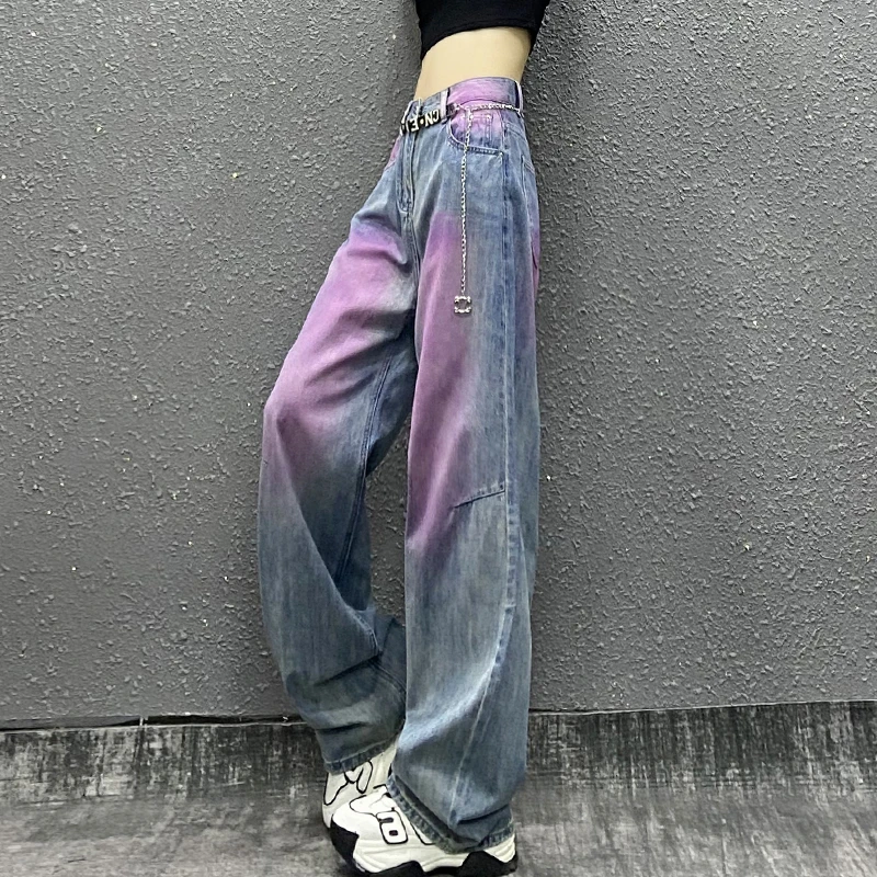 个性蓝紫撞色休闲牛仔裤女秋新款高腰宽松显瘦直筒百搭阔腿拖地裤