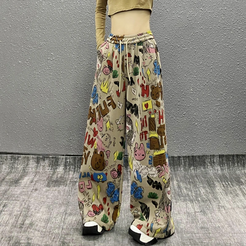 卡通印花加绒加厚运动休闲裤女冬新款高腰宽松显瘦百搭阔腿拖地裤