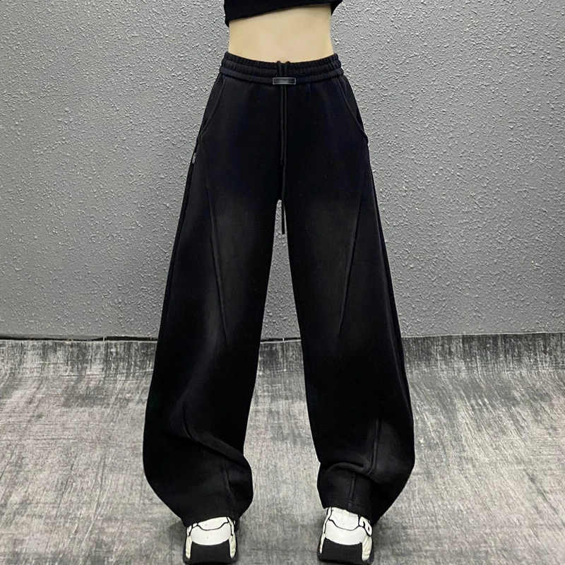 帅气拼接美式弯刀裤女秋季新款高腰宽松显瘦百搭香蕉休闲运动裤子