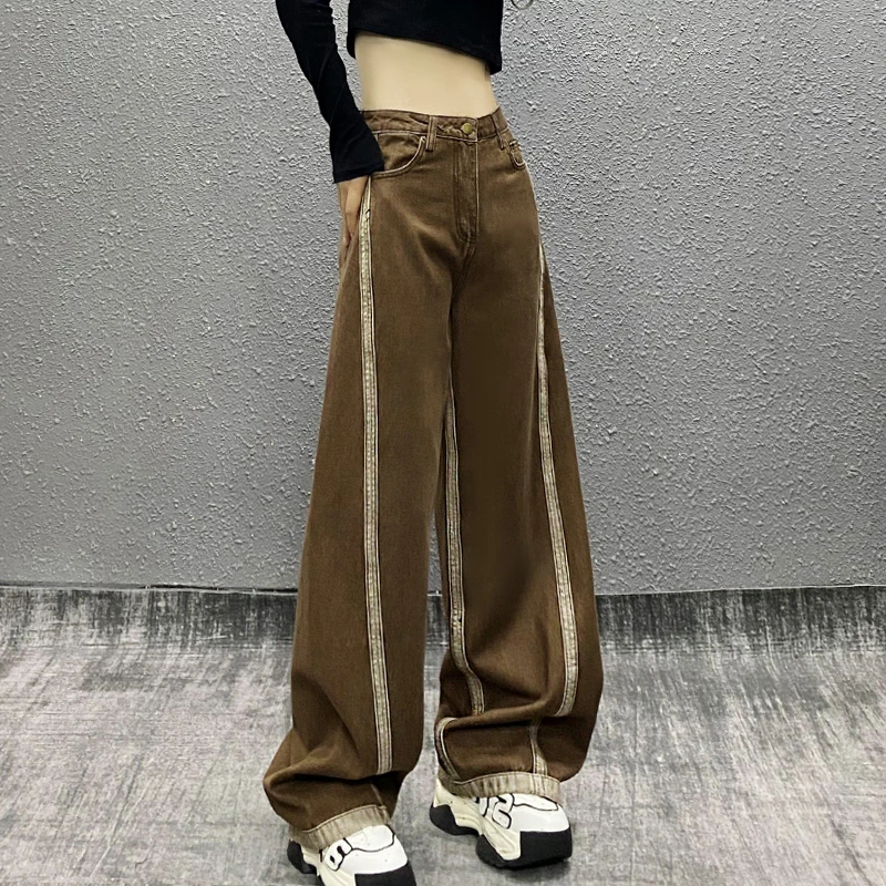 斜条纹拼色设计休闲牛仔裤女春新款高腰宽松显瘦百搭直筒阔腿裤子