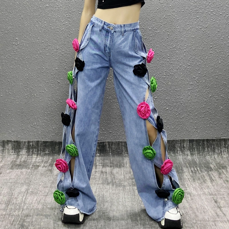 彩色花朵镂空设计感牛仔裤女夏季新款高腰宽松显瘦百搭直筒阔腿裤