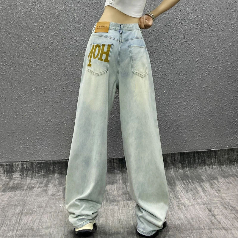 帅气口袋设计垂感浅色牛仔裤女秋新款高腰宽松显瘦百搭直筒阔腿裤