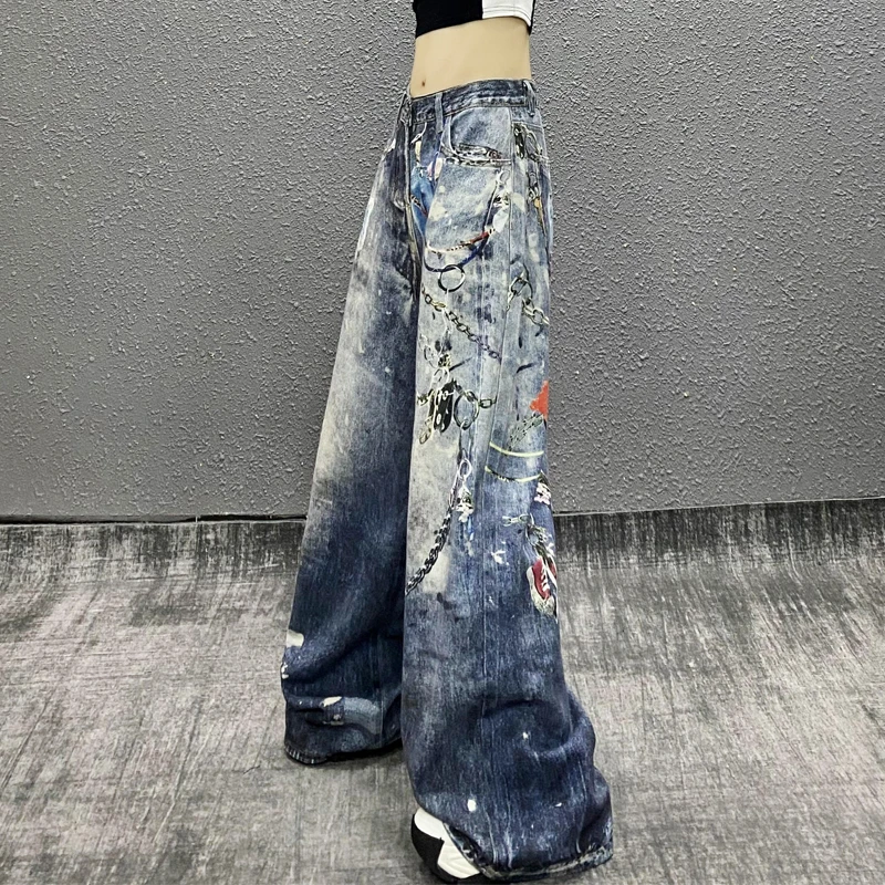 炫酷印花装饰水洗牛仔裤女春新款高腰宽松显瘦百搭直筒阔腿拖地裤