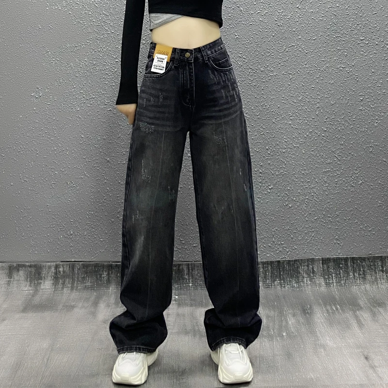帅气黑灰休闲牛仔裤女秋新款时尚高腰宽松显瘦直筒百搭阔腿拖地裤