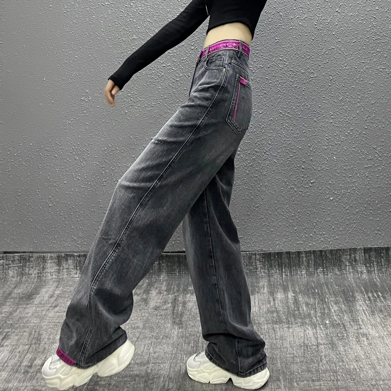 拼色设计黑色休闲牛仔裤女秋新款时尚高腰宽松显瘦直筒阔腿拖地裤
