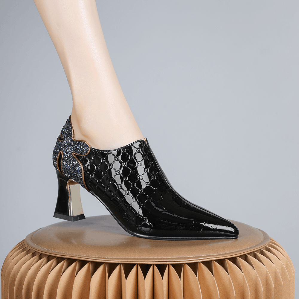 妮彩诗2024年新款高级感气质百搭深口粗跟尖头单鞋黑色配裙子1077