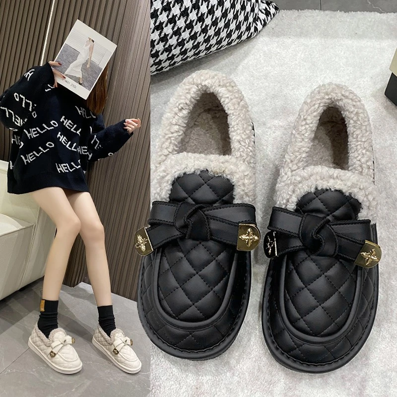 棉鞋秋冬平底一脚蹬棉鞋女懒人鞋2023年新款百搭舒适加绒豆豆鞋女