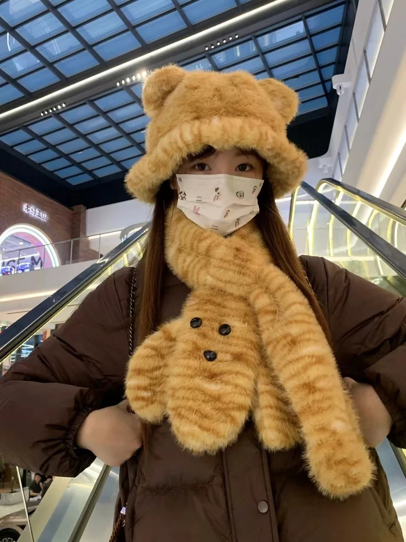 毛茸茸大橘小老虎格纹毛绒耳朵渔夫帽子女冬季保暖围脖防寒帽可爱