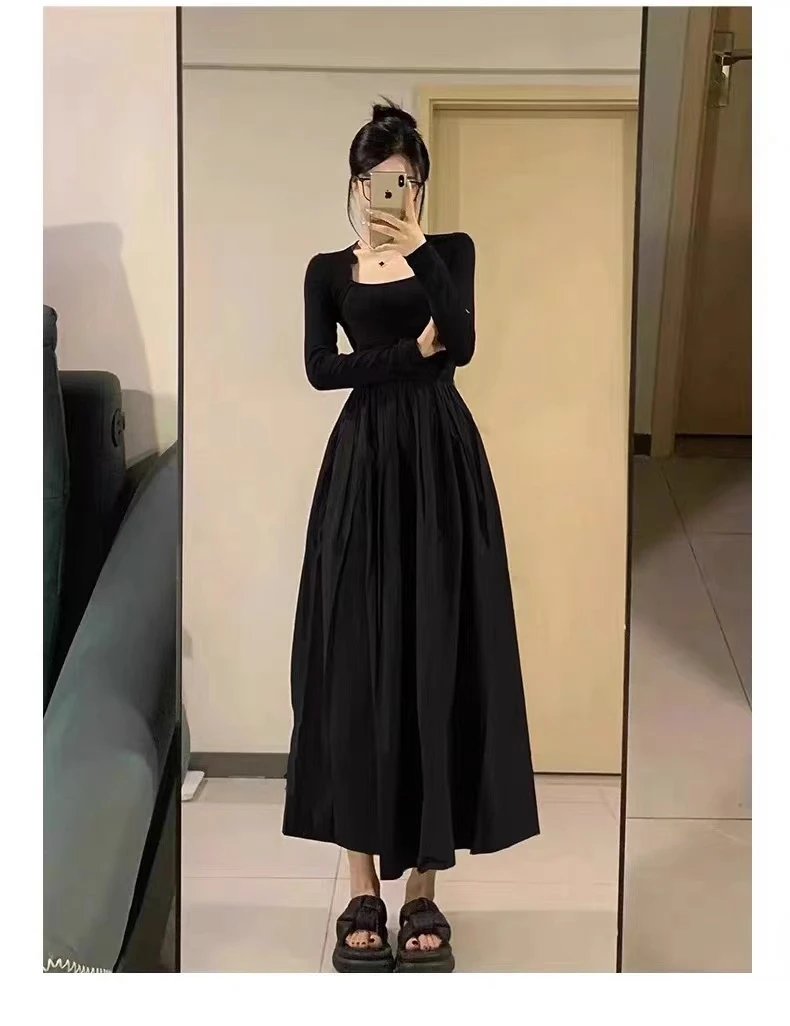 赫本风小黑裙复古方领长袖泡泡袖收腰小众黑色裙子时尚法式连衣裙