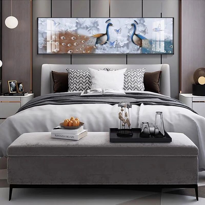 【床头画】花开富贵孔雀卧室挂画高端晶瓷镶钻装饰画