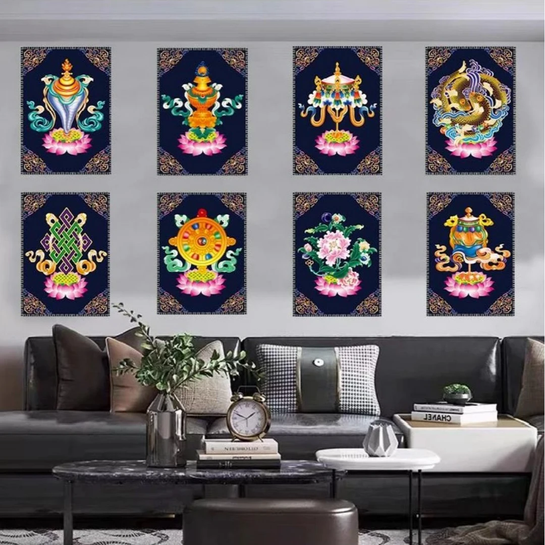 【唐卡】吉祥八宝客厅晶瓷烤瓷镶钻手工装饰画高级感藏式风格挂画