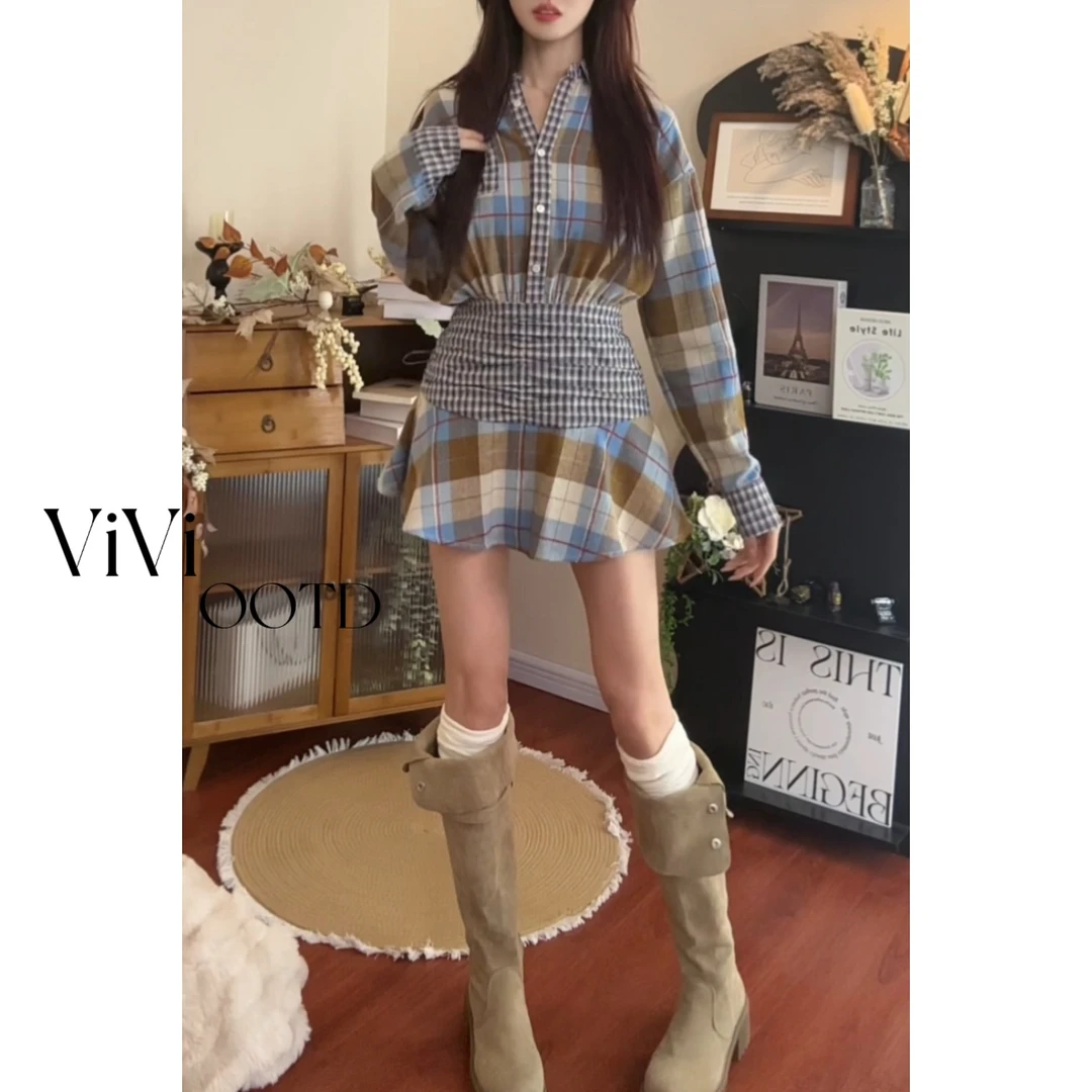 【薇薇推荐】设计格纹翻领长袖慵懒系扣高腰连衣裙SVVTP404986